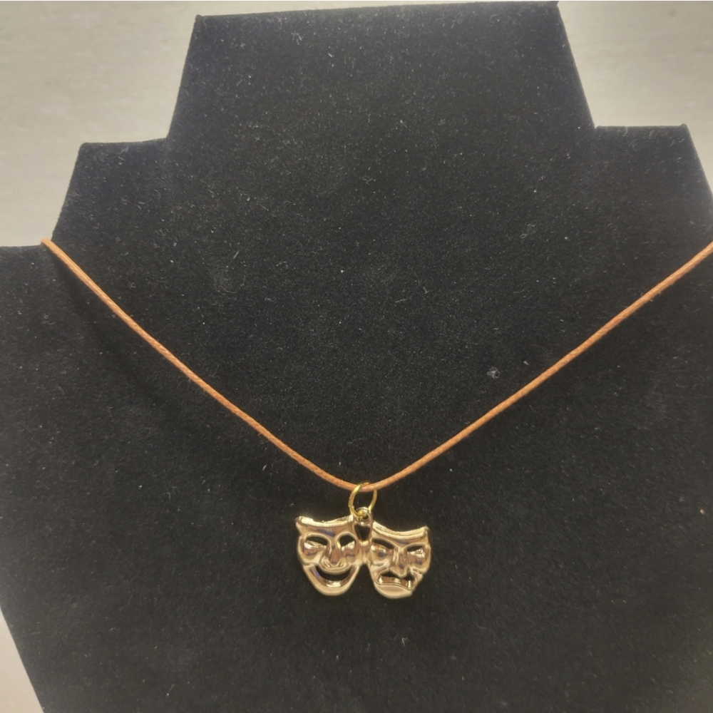 Brown Leather and Gold Comedy and Tragedy Mask Charm Necklace